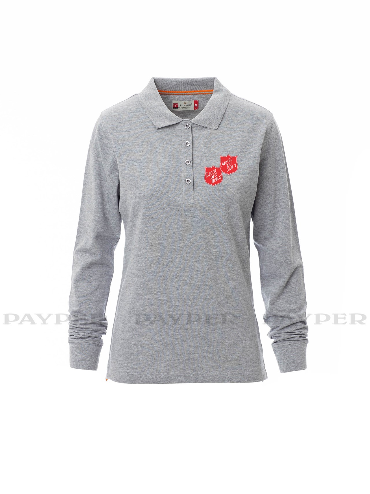 Polo femme gris chinémanche longue avec logo serigraphié